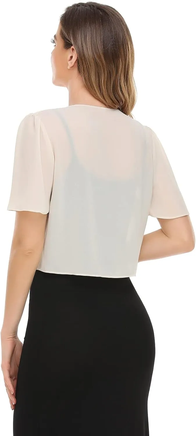 Women Bolero Shrug Soft Chiffon Open Front Sheer Short Sleeve Cropped Cardigans for Evening Dress