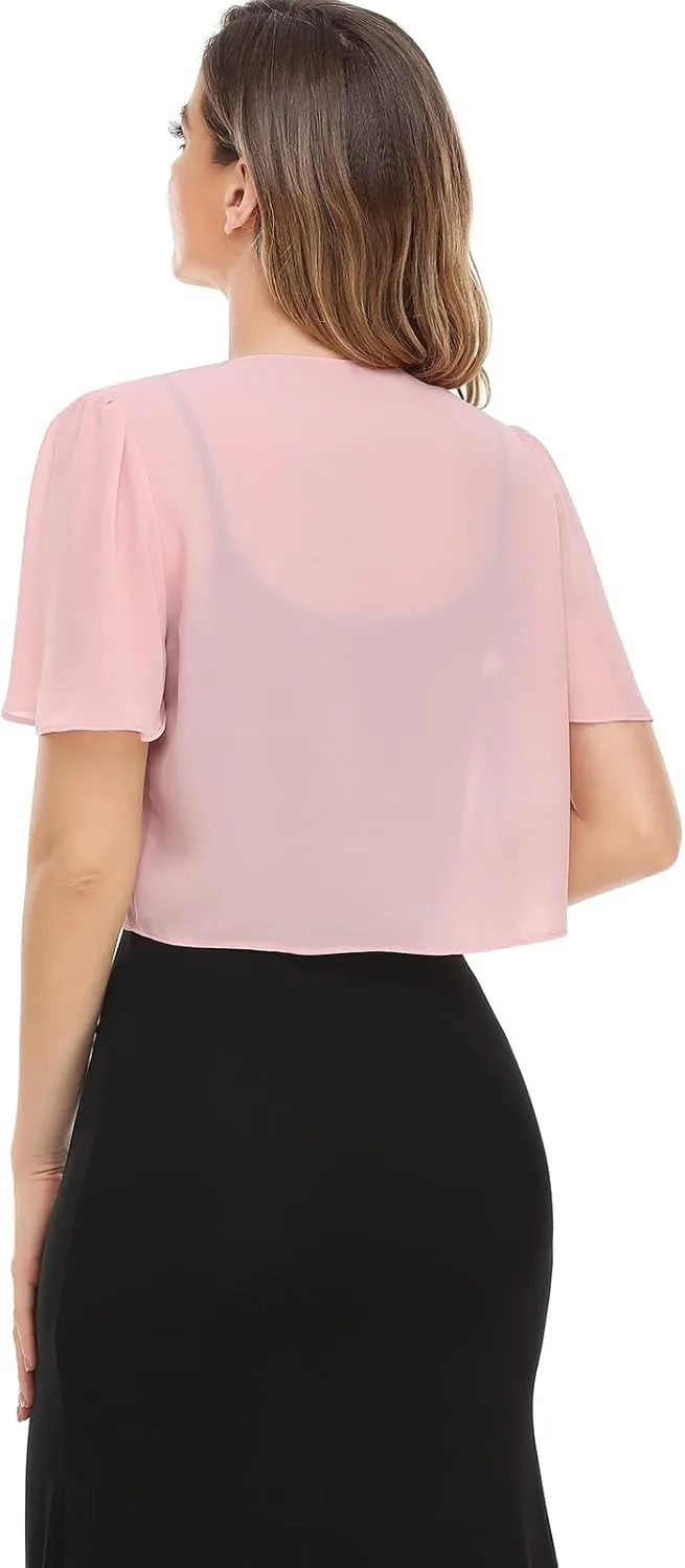 Women Bolero Shrug Soft Chiffon Open Front Sheer Short Sleeve Cropped Cardigans for Evening Dress