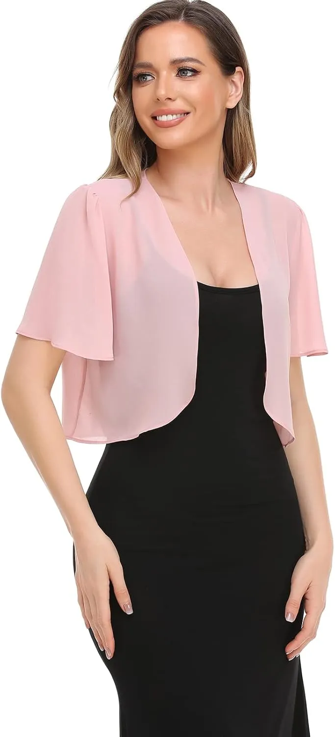 Women Bolero Shrug Soft Chiffon Open Front Sheer Short Sleeve Cropped Cardigans for Evening Dress