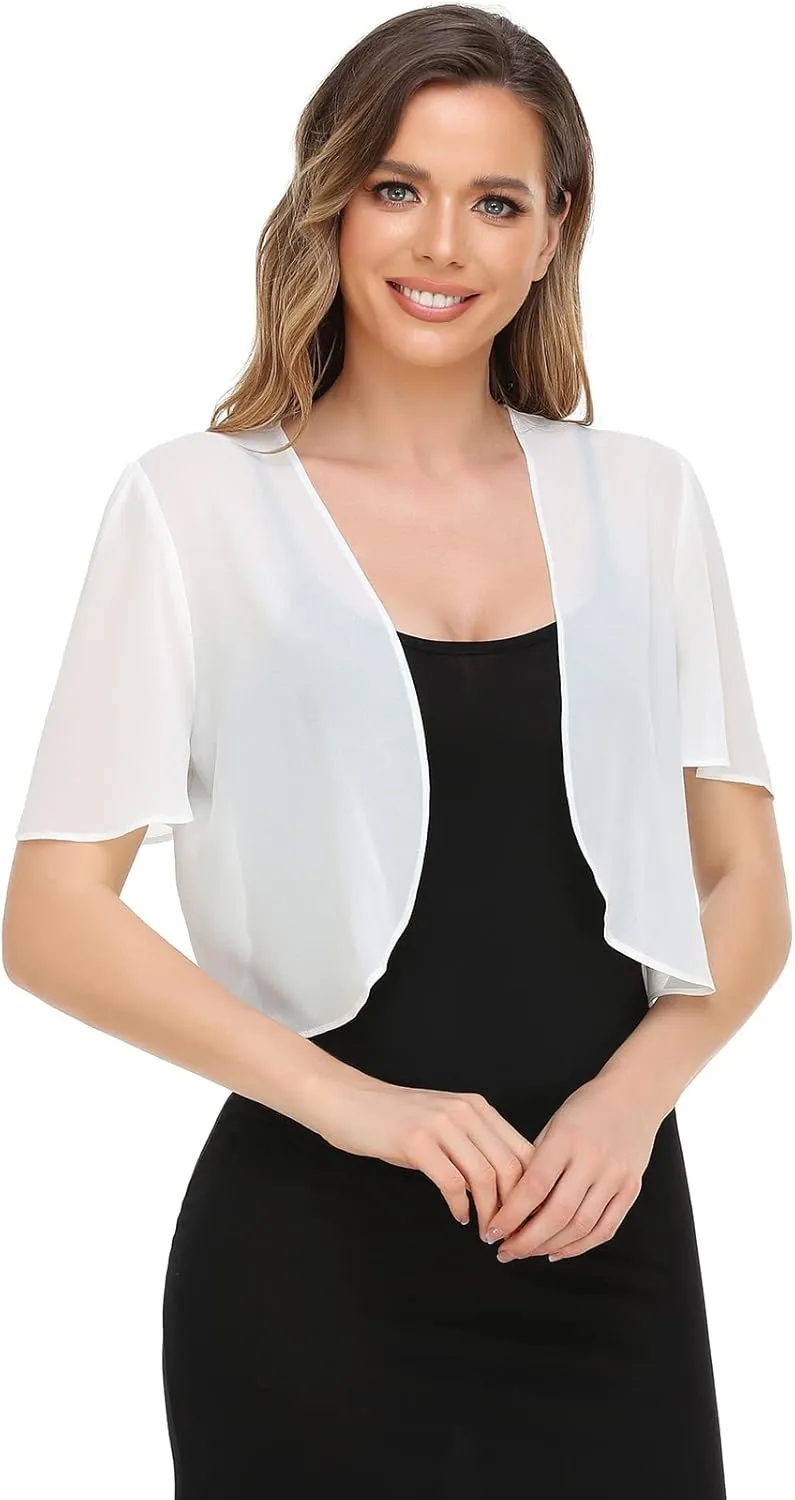 Women Bolero Shrug Soft Chiffon Open Front Sheer Short Sleeve Cropped Cardigans for Evening Dress
