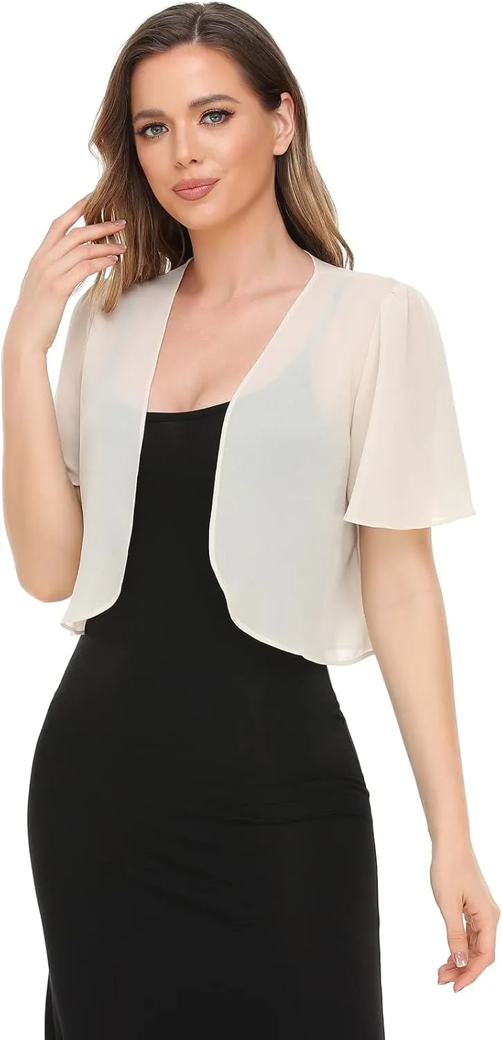 Women Bolero Shrug Soft Chiffon Open Front Sheer Short Sleeve Cropped Cardigans for Evening Dress