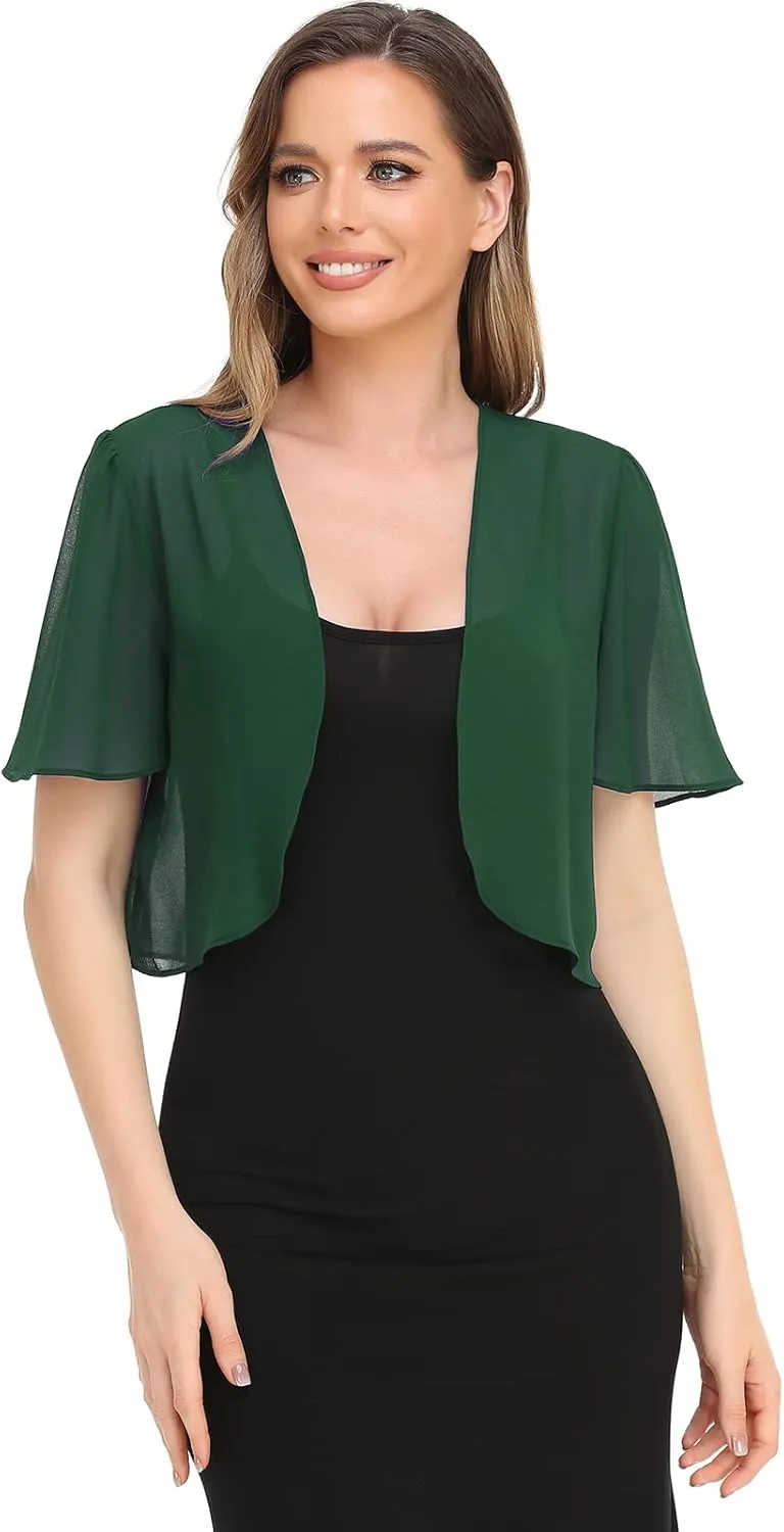 Women Bolero Shrug Soft Chiffon Open Front Sheer Short Sleeve Cropped Cardigans for Evening Dress