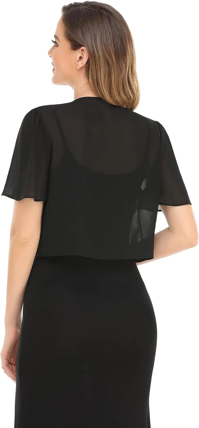 Women Bolero Shrug Soft Chiffon Open Front Sheer Short Sleeve Cropped Cardigans for Evening Dress