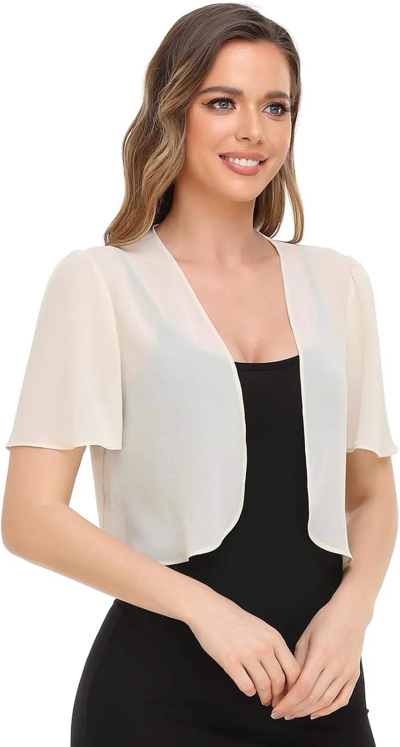Women Bolero Shrug Soft Chiffon Open Front Sheer Short Sleeve Cropped Cardigans for Evening Dress
