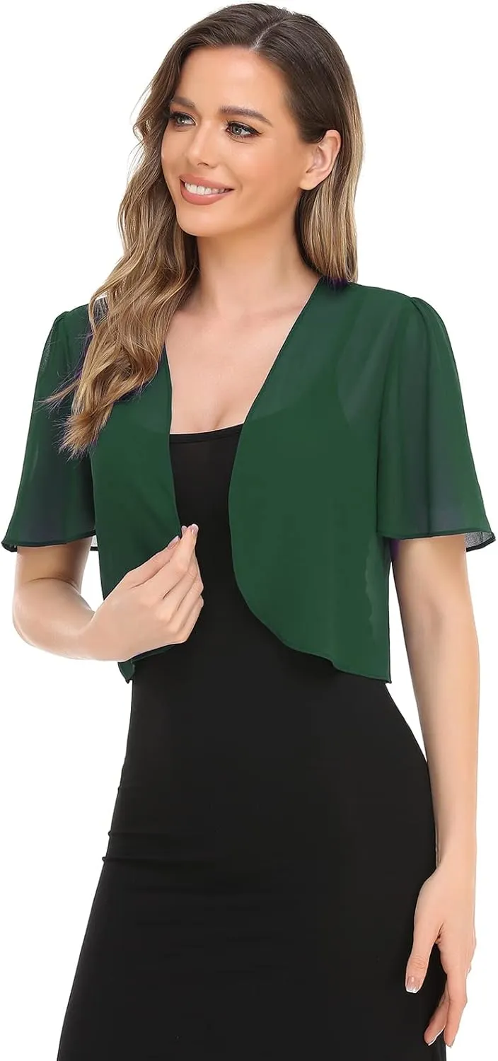 Women Bolero Shrug Soft Chiffon Open Front Sheer Short Sleeve Cropped Cardigans for Evening Dress