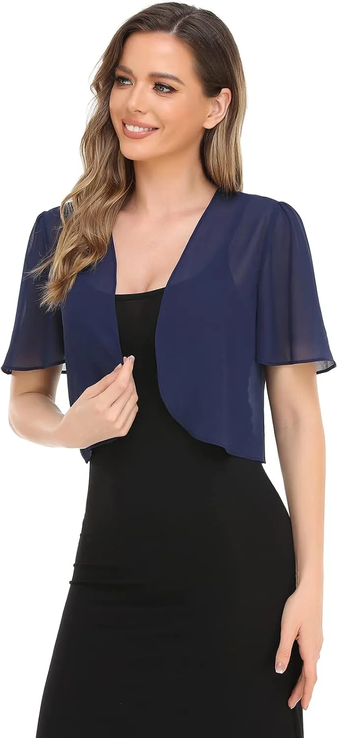 Women Bolero Shrug Soft Chiffon Open Front Sheer Short Sleeve Cropped Cardigans for Evening Dress