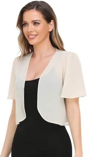 Women Bolero Shrug Soft Chiffon Open Front Sheer Short Sleeve Cropped Cardigans for Evening Dress