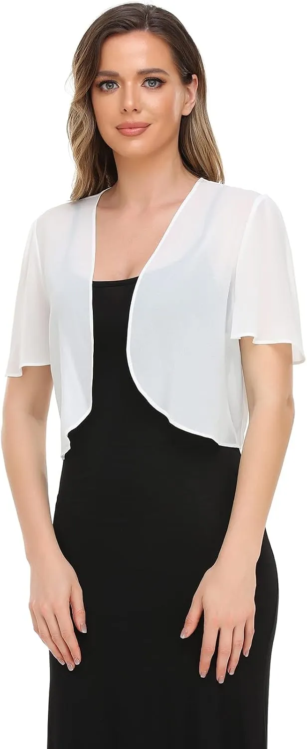 Women Bolero Shrug Soft Chiffon Open Front Sheer Short Sleeve Cropped Cardigans for Evening Dress