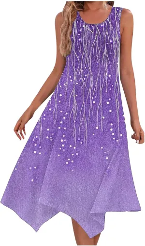 Women Casual Summer Dress Sleeveless Sundress Hankerchief Hem Midi Tank Dresses Beach Dress A Line Flowy Party Dresses