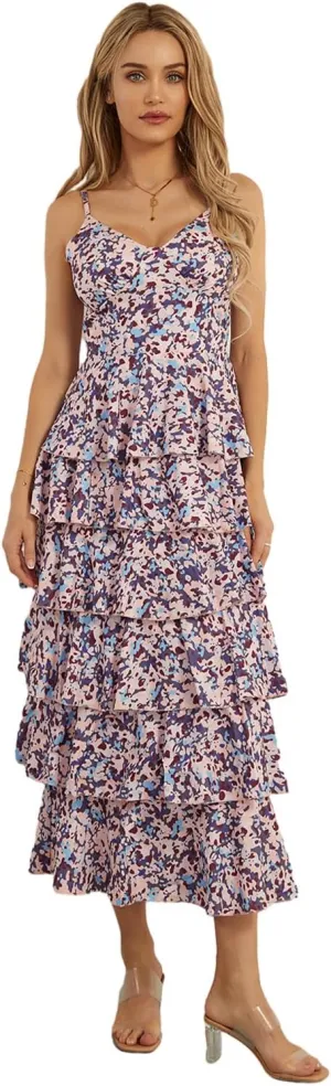 Women Floral Long Maxi Dress Sleeveless V Neck Tiered Ruffles Cami Dress Summer Casual Beach Party Sundress