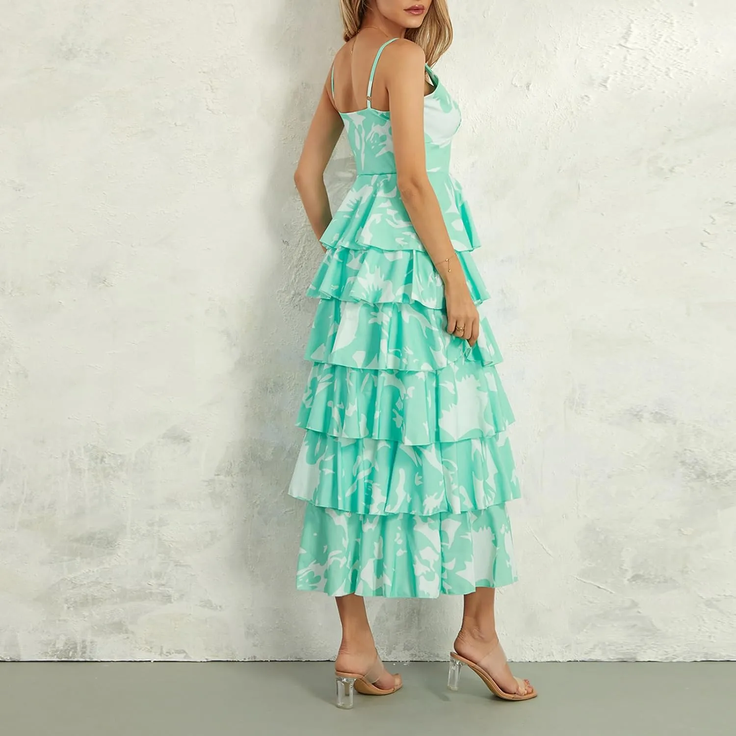 Women Floral Long Maxi Dress V-Neck Tiered Ruffles Sleeveless Cami Dress Summer Casual Beach Party Sundress