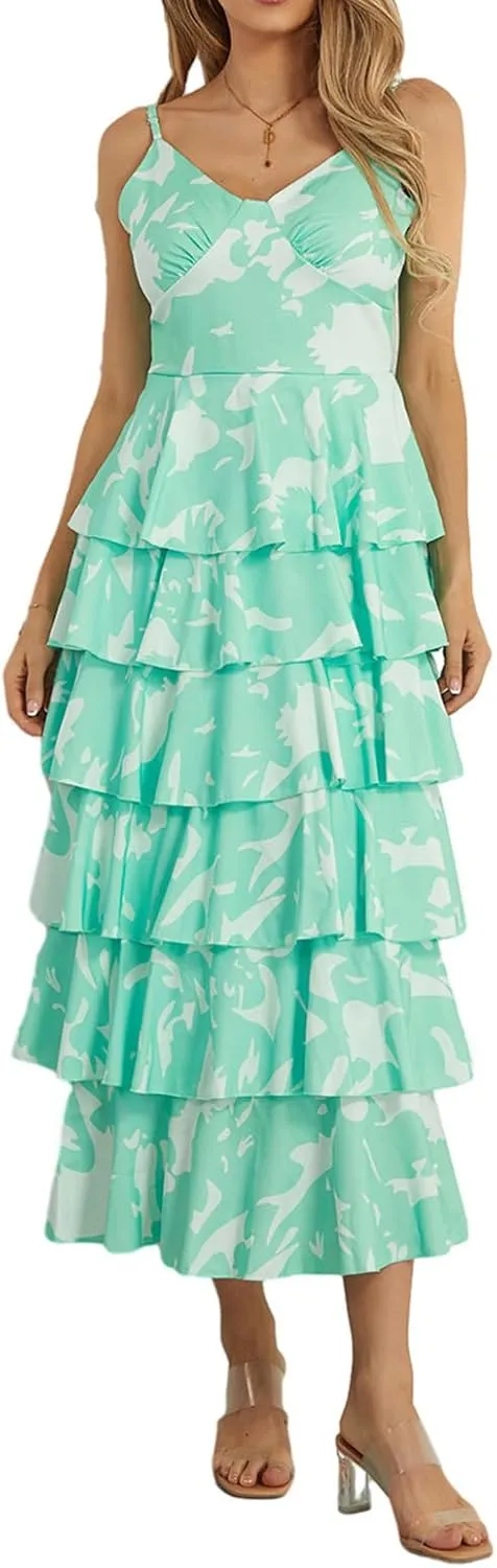Women Floral Long Maxi Dress V-Neck Tiered Ruffles Sleeveless Cami Dress Summer Casual Beach Party Sundress