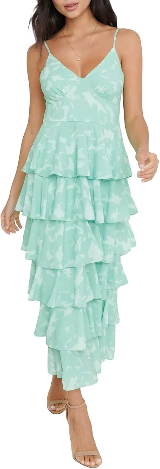 Women Floral Long Maxi Dress V-Neck Tiered Ruffles Sleeveless Cami Dress Summer Casual Beach Party Sundress
