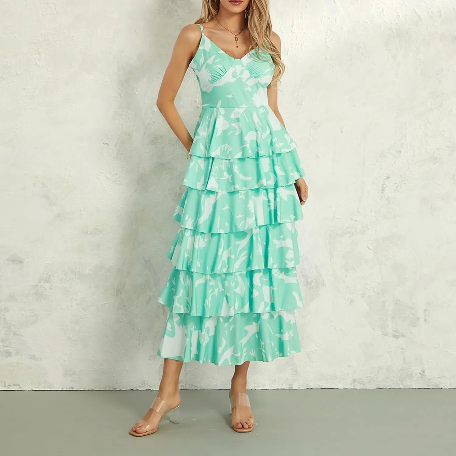 Women Floral Long Maxi Dress V-Neck Tiered Ruffles Sleeveless Cami Dress Summer Casual Beach Party Sundress