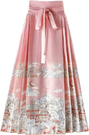 Women Horse Face Skirt Seft Tie Print Elegant Vintage Long Swing Maxi Pleated Skirts Chinese Traditional Hanfu Mamianqun