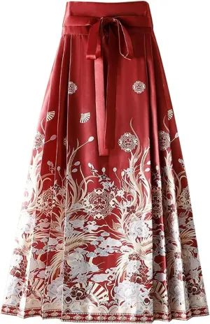 Women Horse Face Skirt Seft Tie Print Elegant Vintage Long Swing Maxi Pleated Skirts Chinese Traditional Hanfu Mamianqun