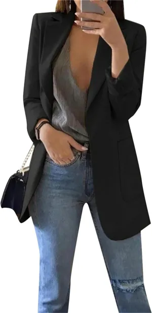 Women Lapel Collar Long Sleeve Blazer Formal Solid Color Long Suit Open Front Waist Jacket