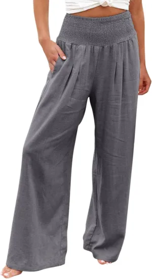 Women Linen Pants 2025 Summer Casual Loose Wide Leg Palazzo Pants Smocked High Waist Flowy Beach Trousers
