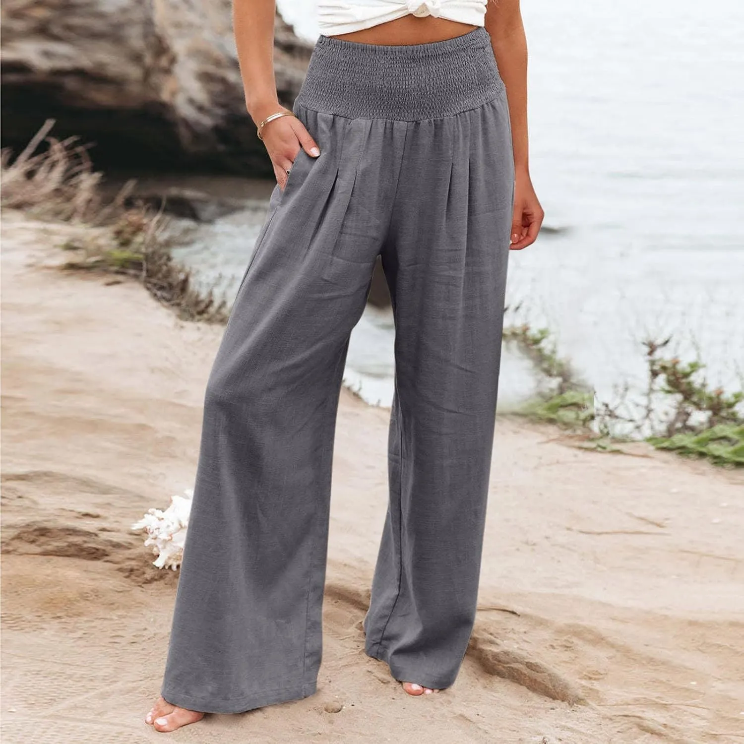 Women Linen Pants 2025 Summer Casual Loose Wide Leg Palazzo Pants Smocked High Waist Flowy Beach Trousers