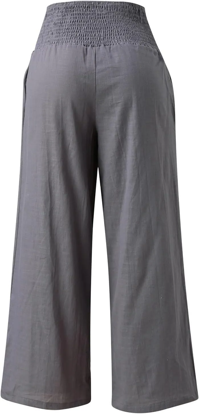 Women Linen Pants 2025 Summer Casual Loose Wide Leg Palazzo Pants Smocked High Waist Flowy Beach Trousers