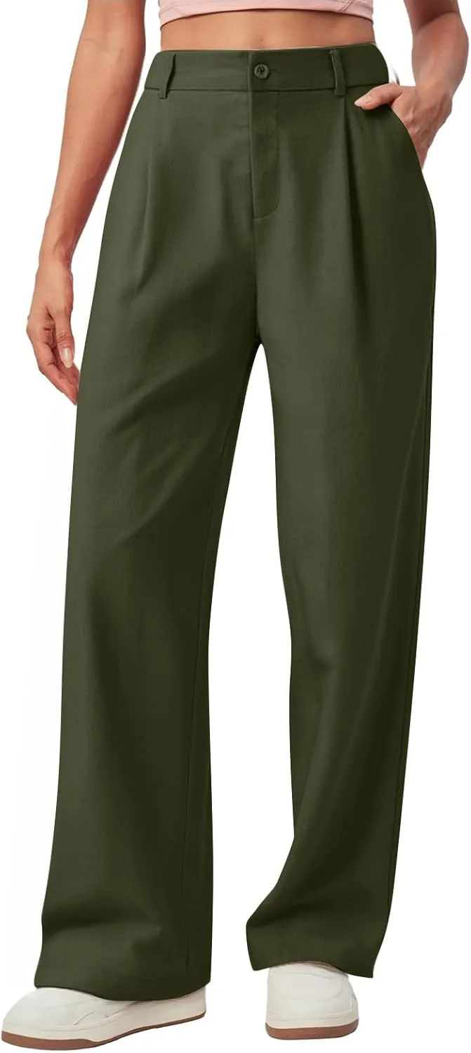 Women Linen Pants Summer Wide Leg Dress Pants High Waisted Button Down Work Pant Boho Palazzo Pant with Pockets
