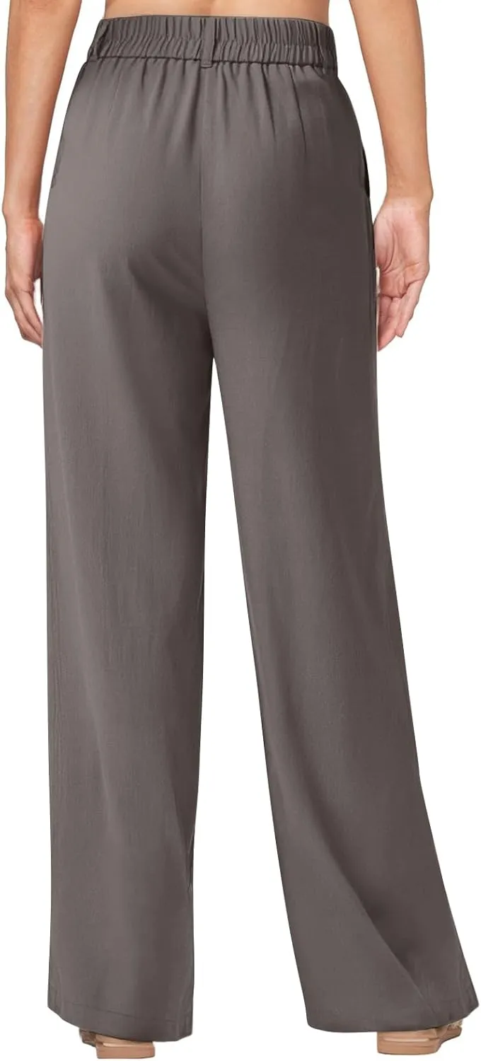 Women Linen Pants Summer Wide Leg Dress Pants High Waisted Button Down Work Pant Boho Palazzo Pant with Pockets