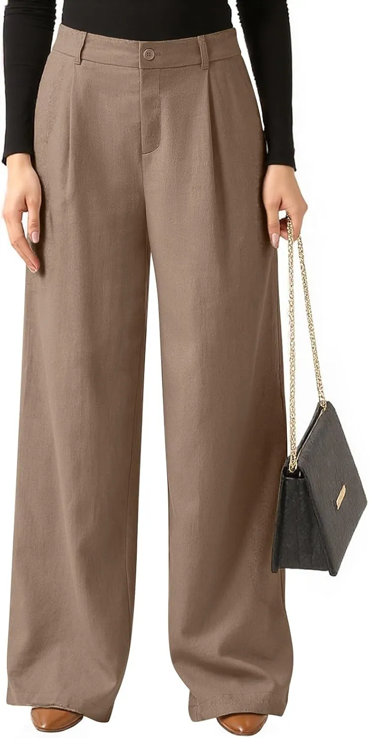 Women Linen Pants Summer Wide Leg Dress Pants High Waisted Button Down Work Pant Boho Palazzo Pant with Pockets