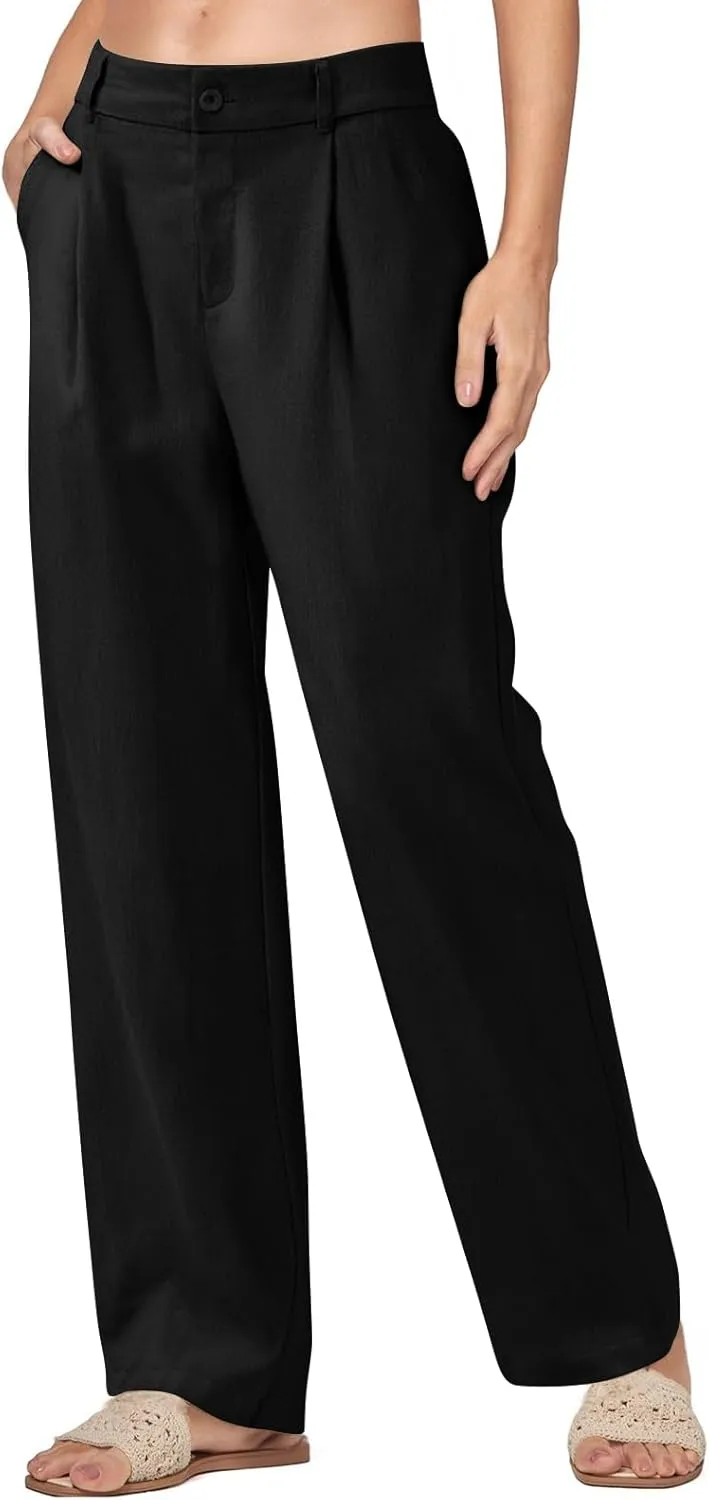Women Linen Pants Summer Wide Leg Dress Pants High Waisted Button Down Work Pant Boho Palazzo Pant with Pockets