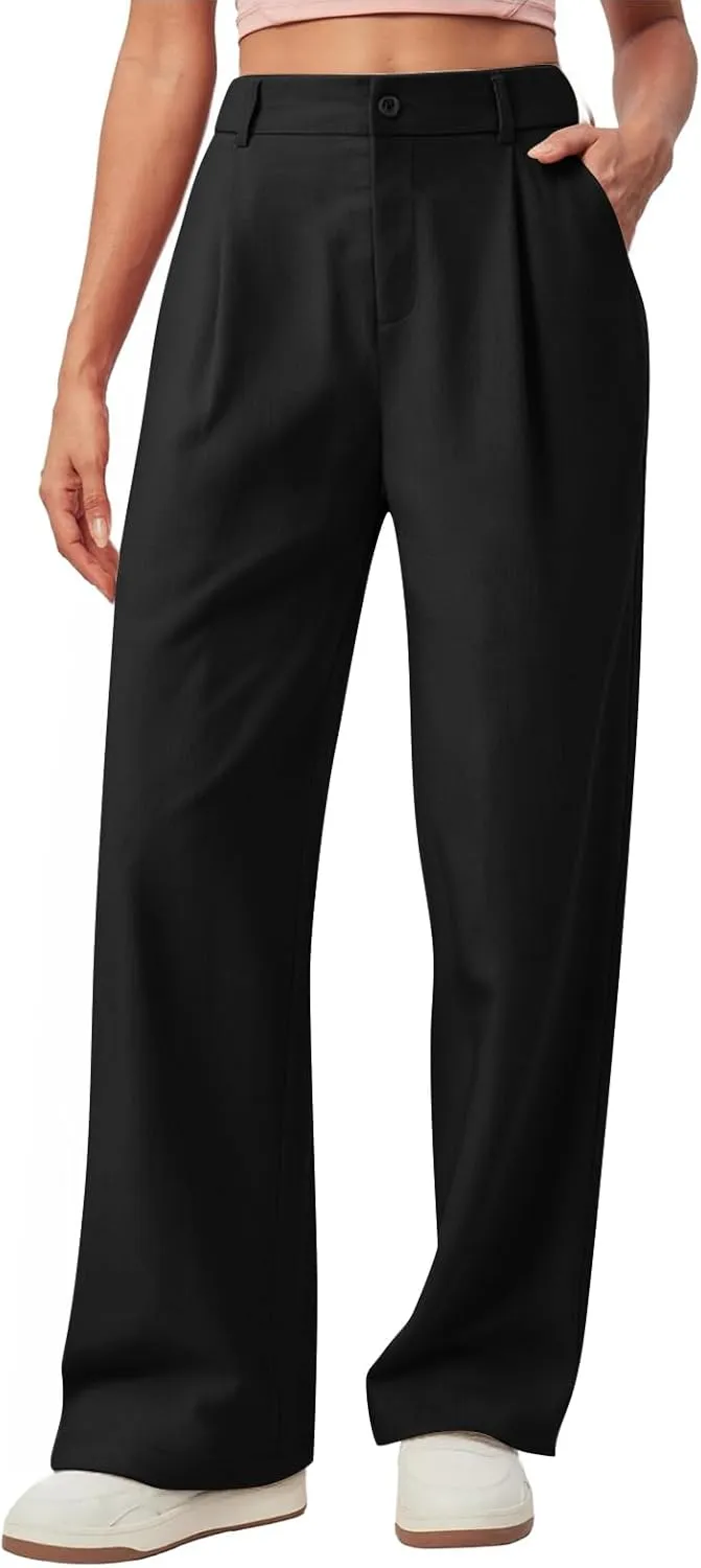 Women Linen Pants Summer Wide Leg Dress Pants High Waisted Button Down Work Pant Boho Palazzo Pant with Pockets