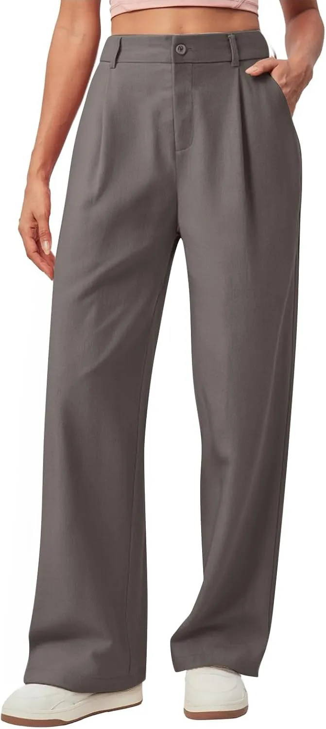 Women Linen Pants Summer Wide Leg Dress Pants High Waisted Button Down Work Pant Boho Palazzo Pant with Pockets