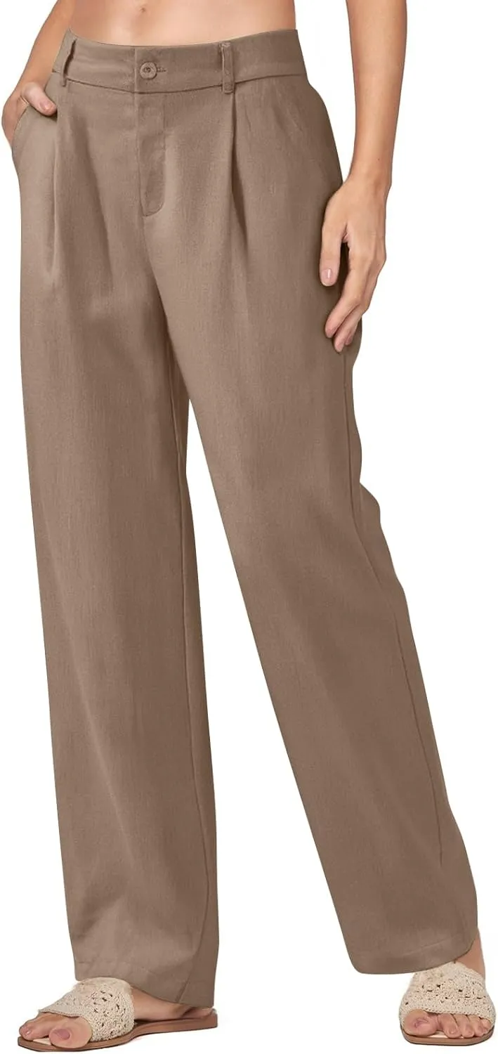 Women Linen Pants Summer Wide Leg Dress Pants High Waisted Button Down Work Pant Boho Palazzo Pant with Pockets
