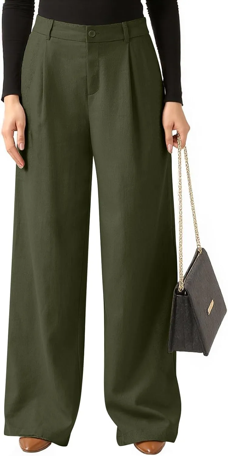Women Linen Pants Summer Wide Leg Dress Pants High Waisted Button Down Work Pant Boho Palazzo Pant with Pockets