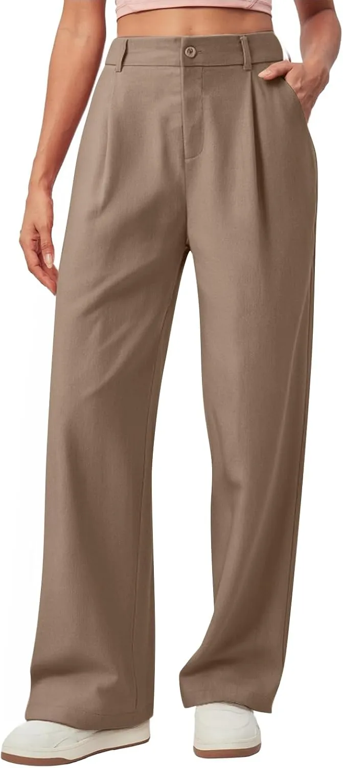 Women Linen Pants Summer Wide Leg Dress Pants High Waisted Button Down Work Pant Boho Palazzo Pant with Pockets