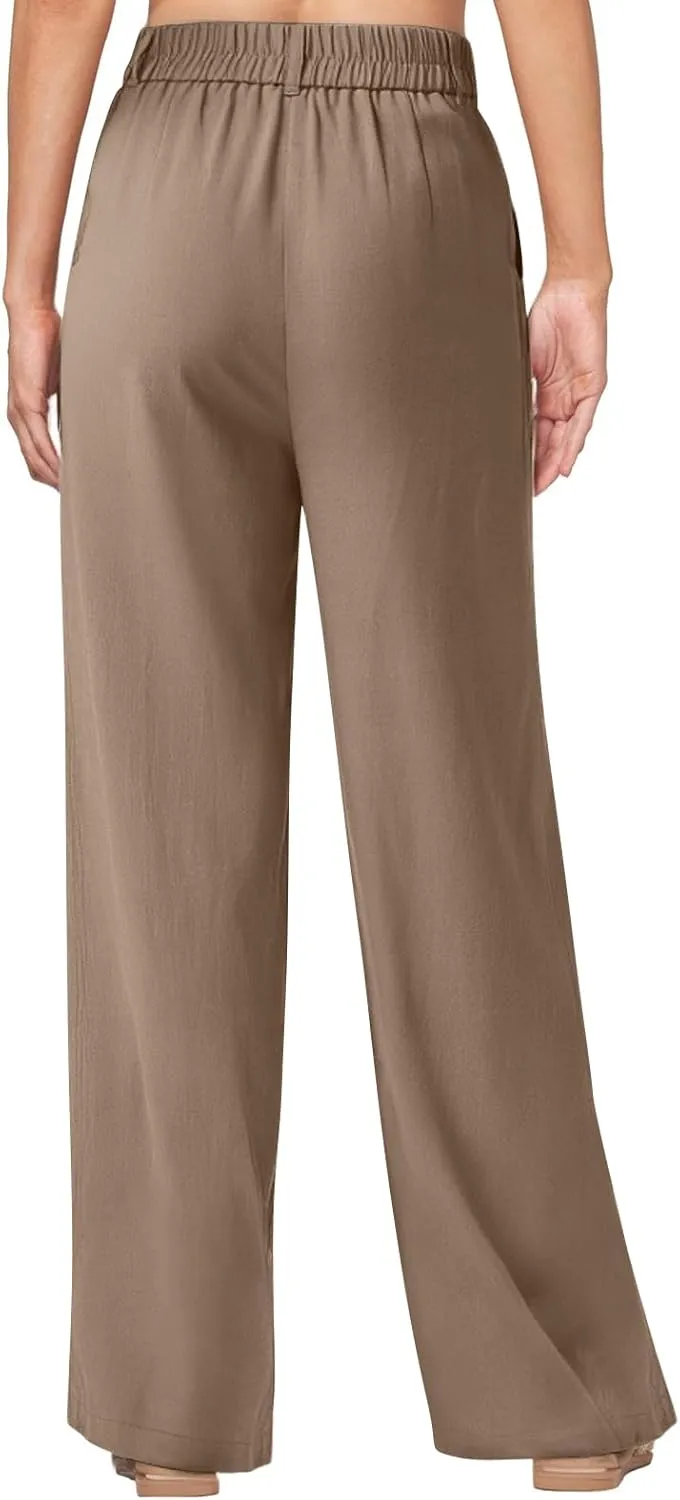 Women Linen Pants Summer Wide Leg Dress Pants High Waisted Button Down Work Pant Boho Palazzo Pant with Pockets