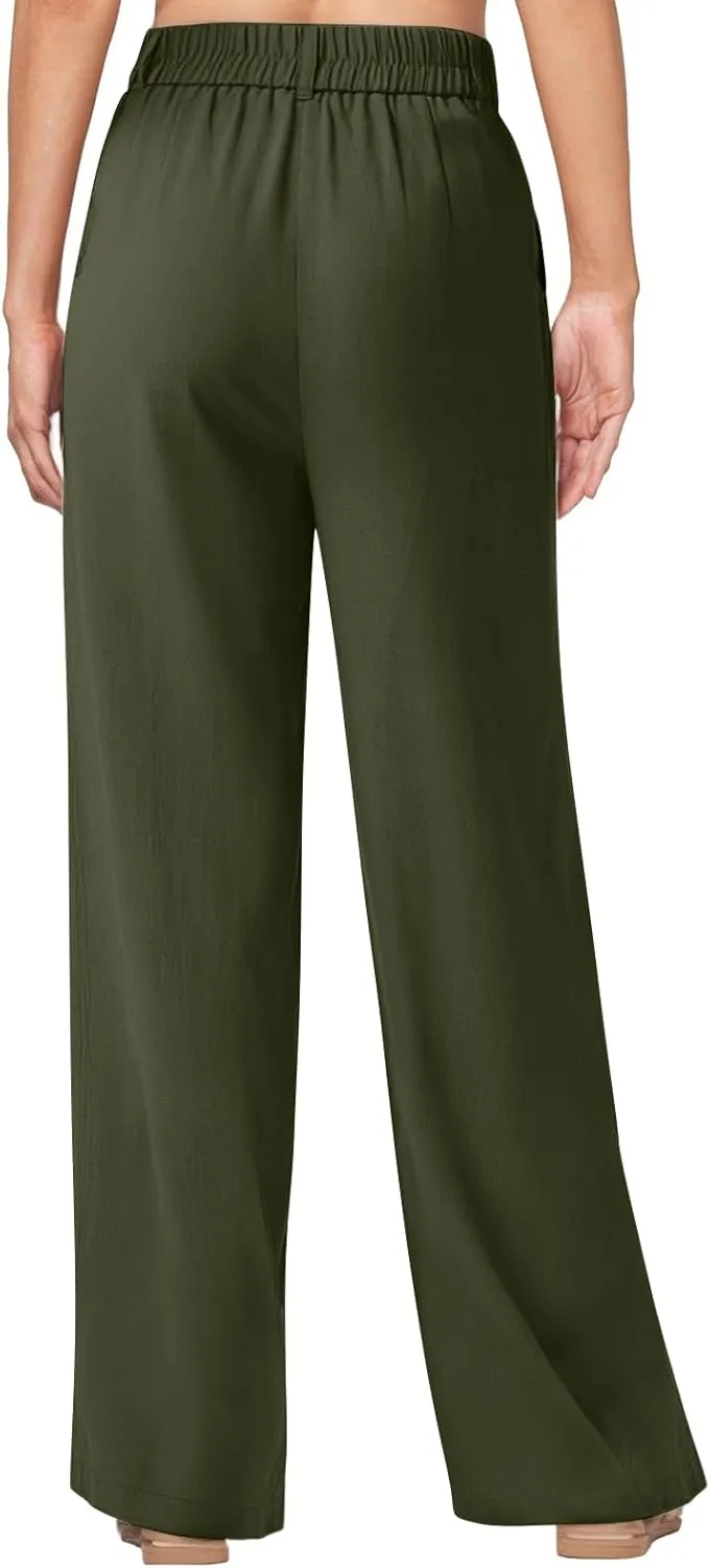 Women Linen Pants Summer Wide Leg Dress Pants High Waisted Button Down Work Pant Boho Palazzo Pant with Pockets