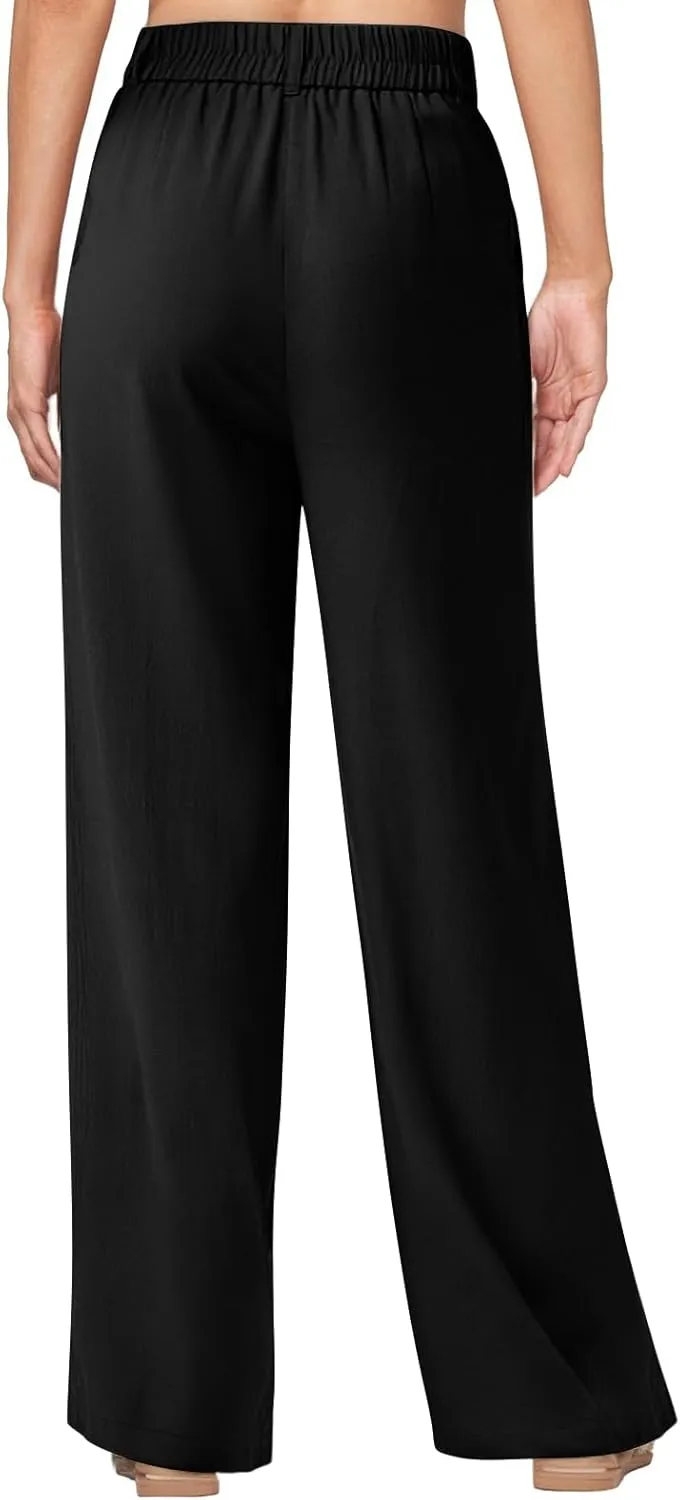 Women Linen Pants Summer Wide Leg Dress Pants High Waisted Button Down Work Pant Boho Palazzo Pant with Pockets