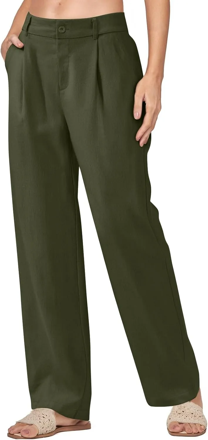 Women Linen Pants Summer Wide Leg Dress Pants High Waisted Button Down Work Pant Boho Palazzo Pant with Pockets