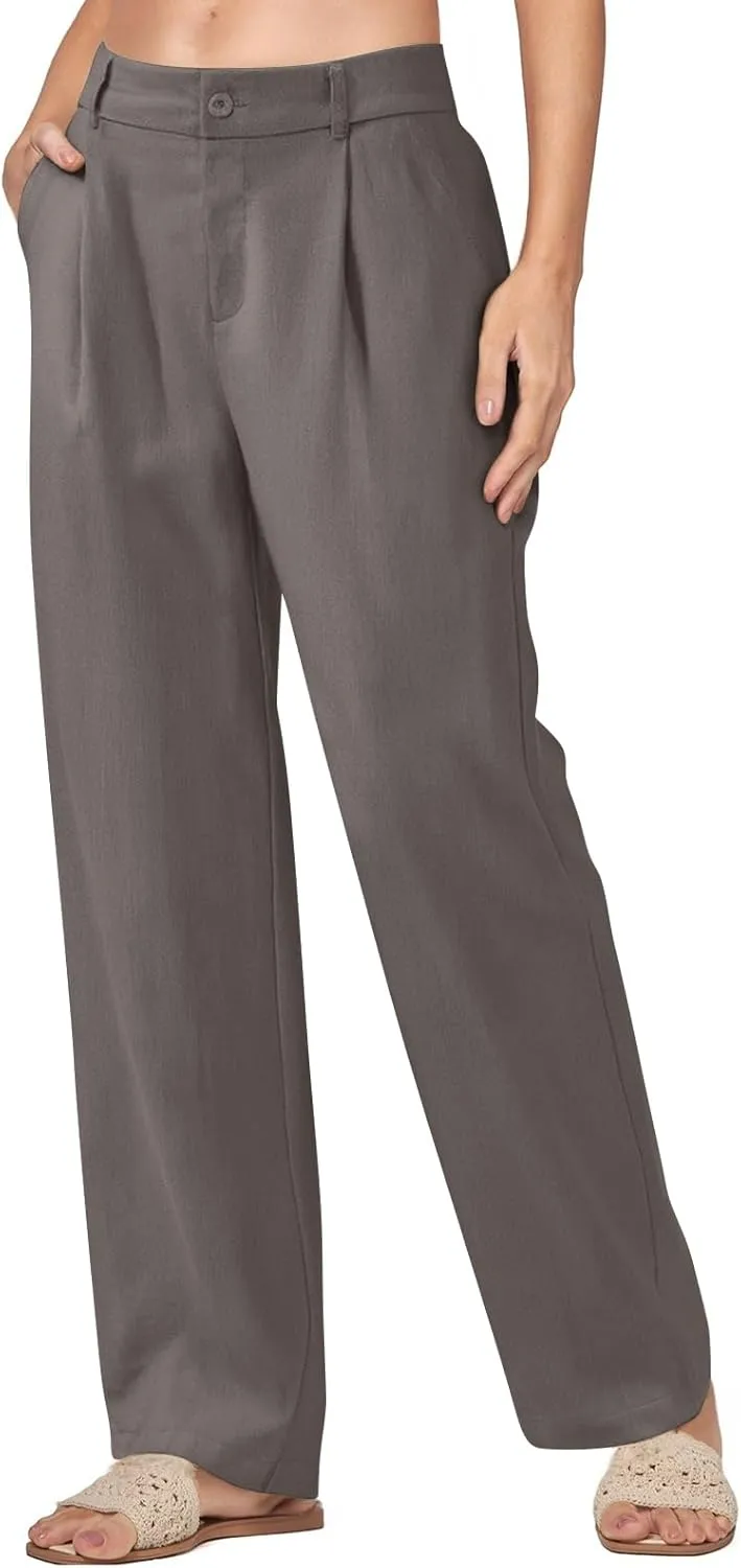 Women Linen Pants Summer Wide Leg Dress Pants High Waisted Button Down Work Pant Boho Palazzo Pant with Pockets
