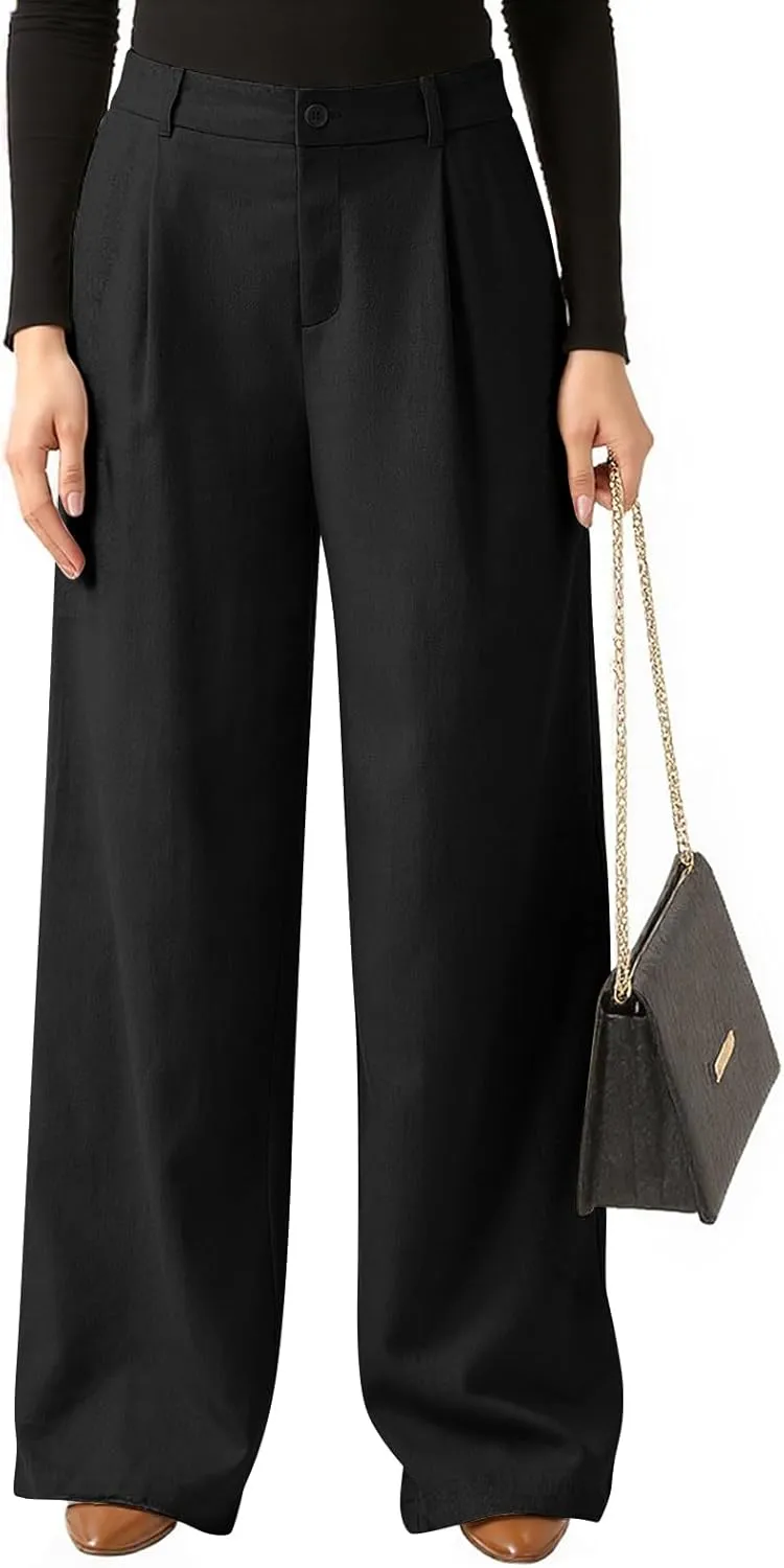 Women Linen Pants Summer Wide Leg Dress Pants High Waisted Button Down Work Pant Boho Palazzo Pant with Pockets