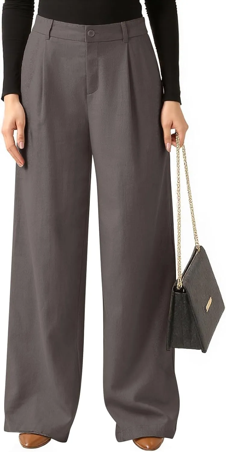 Women Linen Pants Summer Wide Leg Dress Pants High Waisted Button Down Work Pant Boho Palazzo Pant with Pockets
