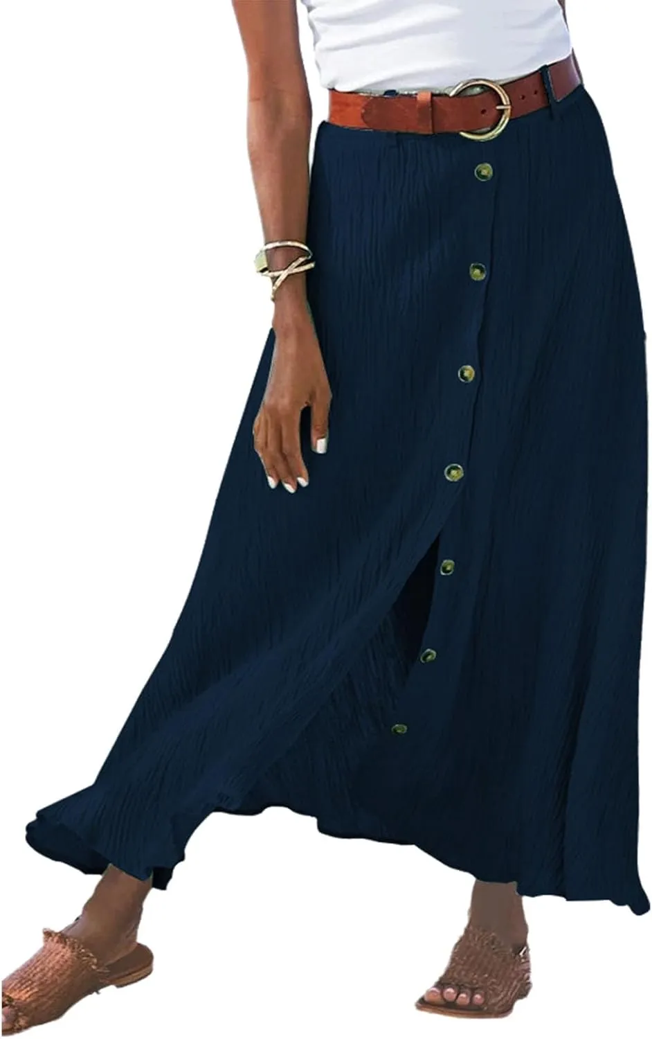 Women Long Skirt A-Line High Waist Front Slit Buttons Flowy Maxi Skirt Casual Beach Vacation Skirt for Women