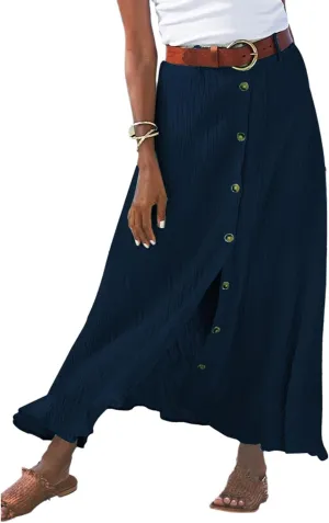 Women Long Skirt A-Line High Waist Front Slit Buttons Flowy Maxi Skirt Casual Beach Vacation Skirt for Women