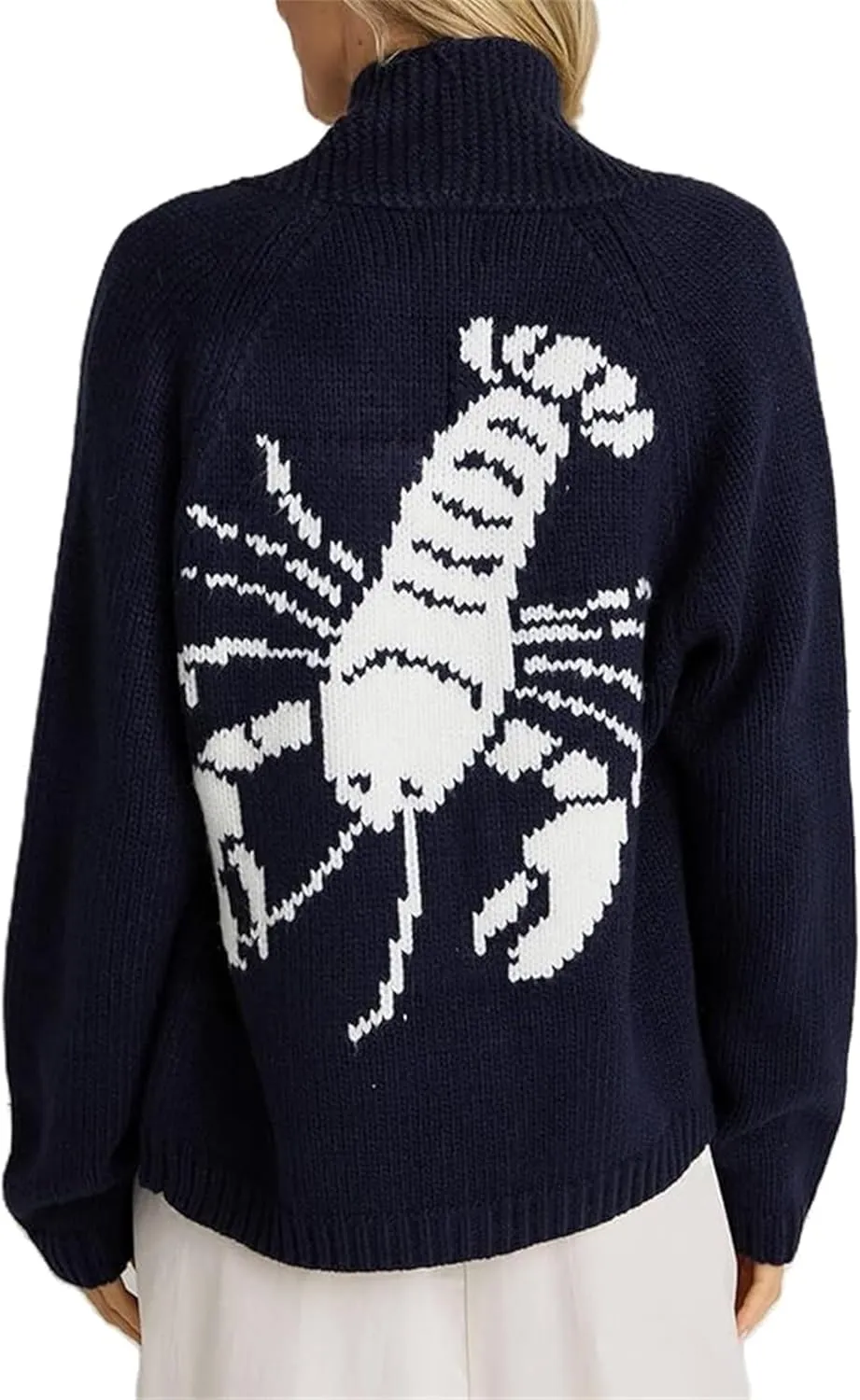 Women Shawl Collar Cardigan Sweater Lobster Print Long Sleeve Button Down Jumper Tops Vintage Chunky Knit Coat