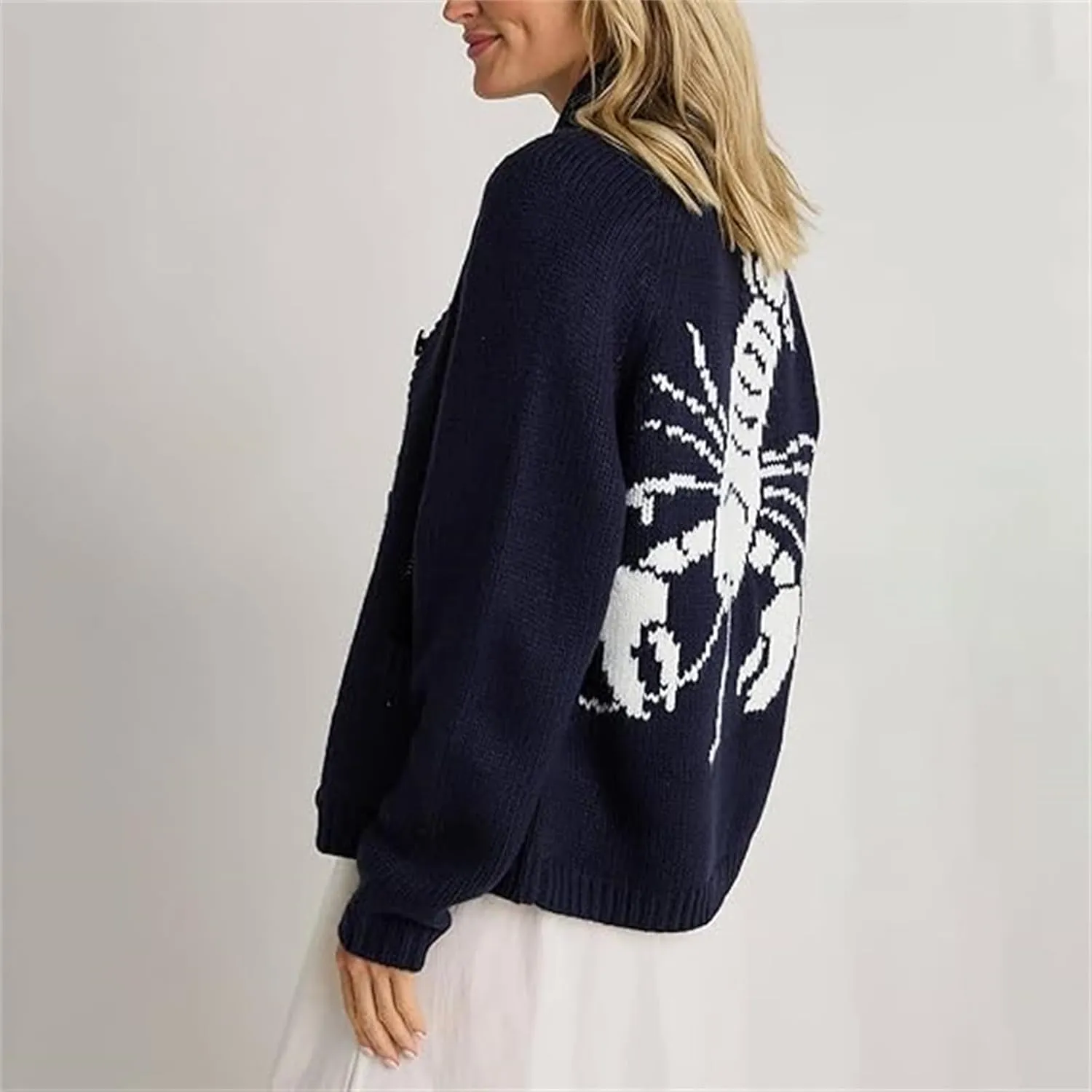 Women Shawl Collar Cardigan Sweater Lobster Print Long Sleeve Button Down Jumper Tops Vintage Chunky Knit Coat