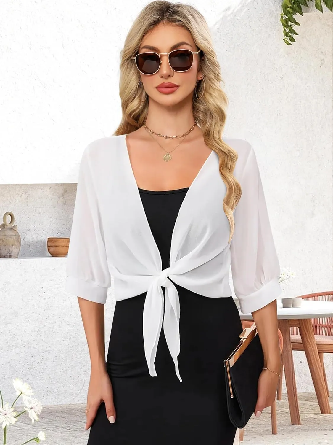 Women Shrug Cardigans Soft Chiffon Summer Tops 3/4 Sleeve Lightweight Cropped Cardigan Tie Front Bolero for Dresses