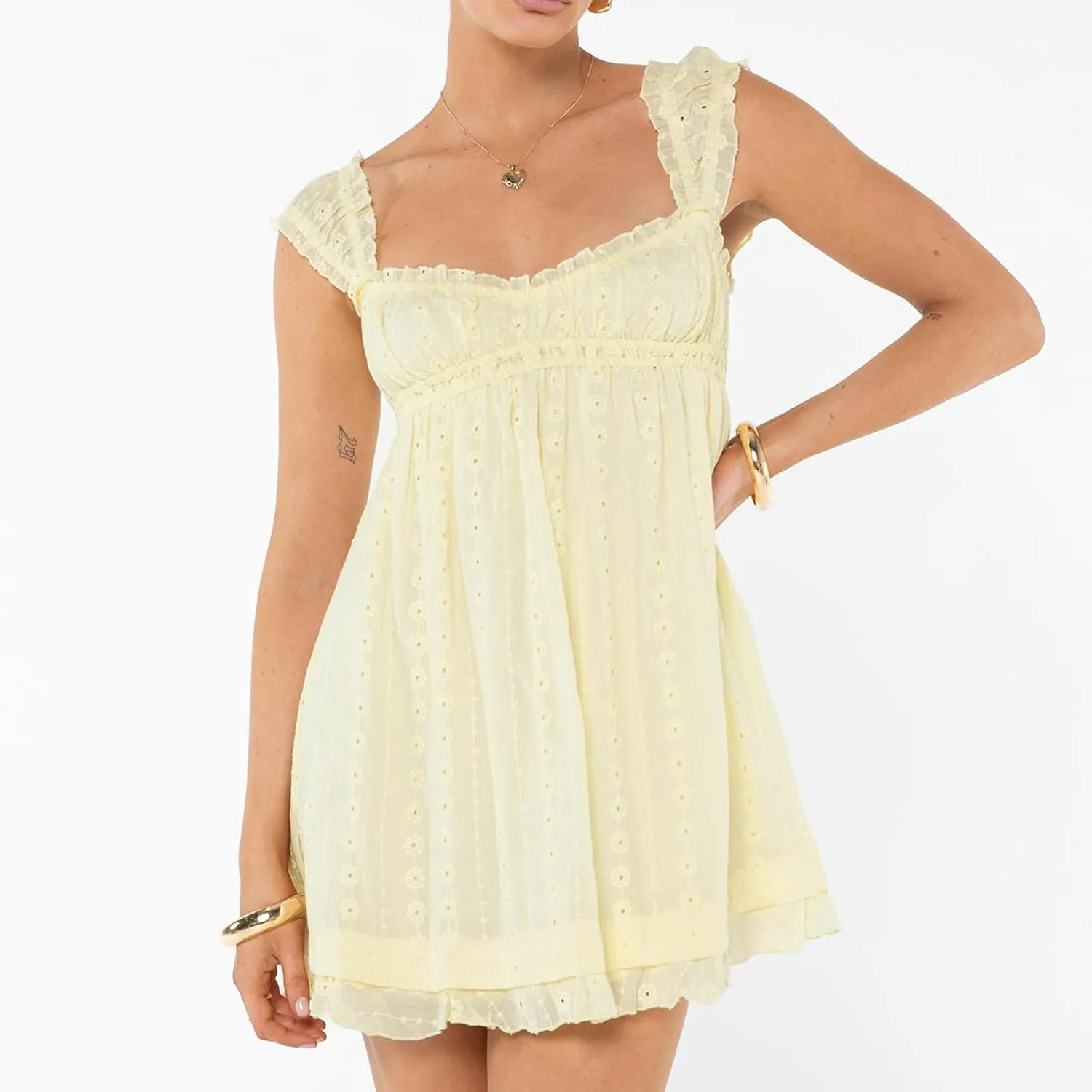 Women Strap Lace Mini Dress Square Neck Floral Embroidery Ruffle A Line Swing Beach Sundress