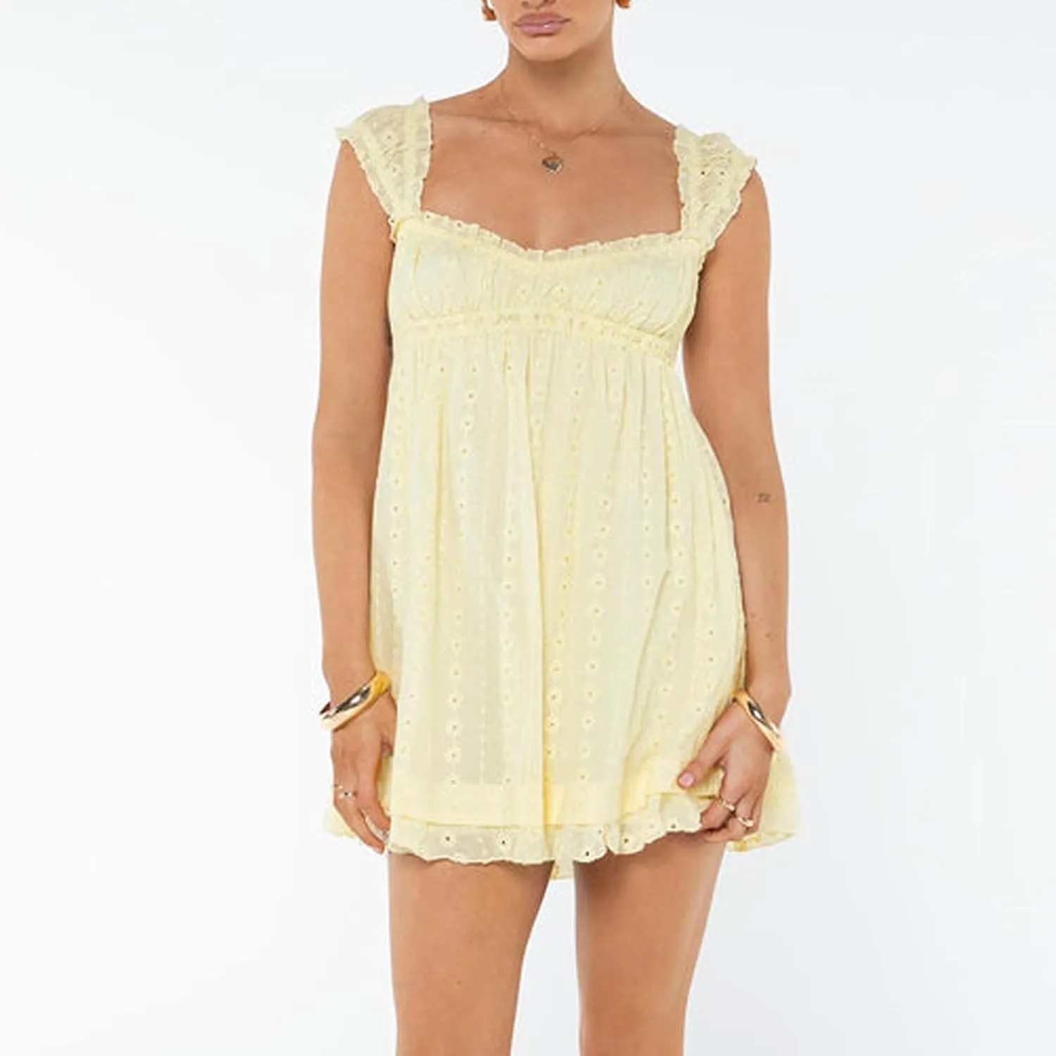Women Strap Lace Mini Dress Square Neck Floral Embroidery Ruffle A Line Swing Beach Sundress