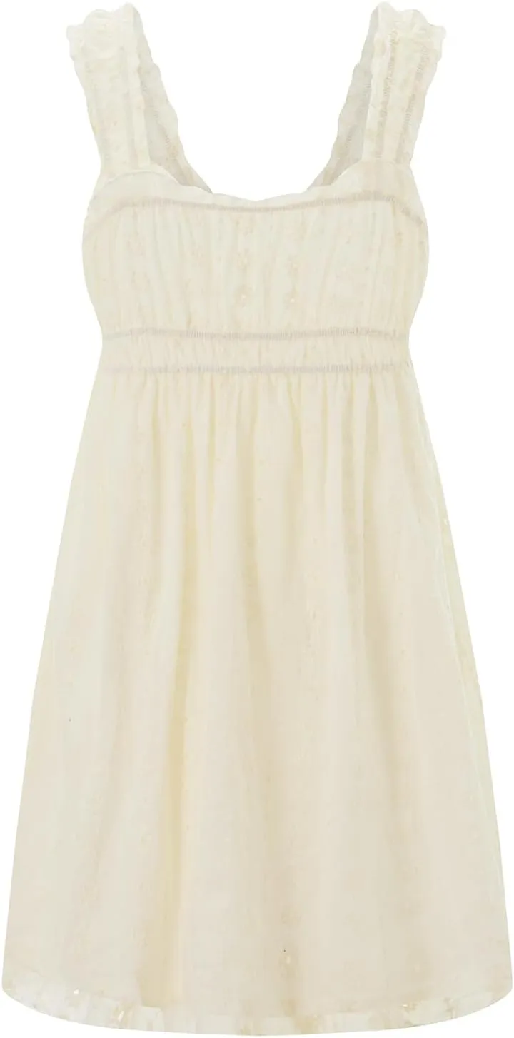 Women Strap Lace Mini Dress Square Neck Floral Embroidery Ruffle A Line Swing Beach Sundress