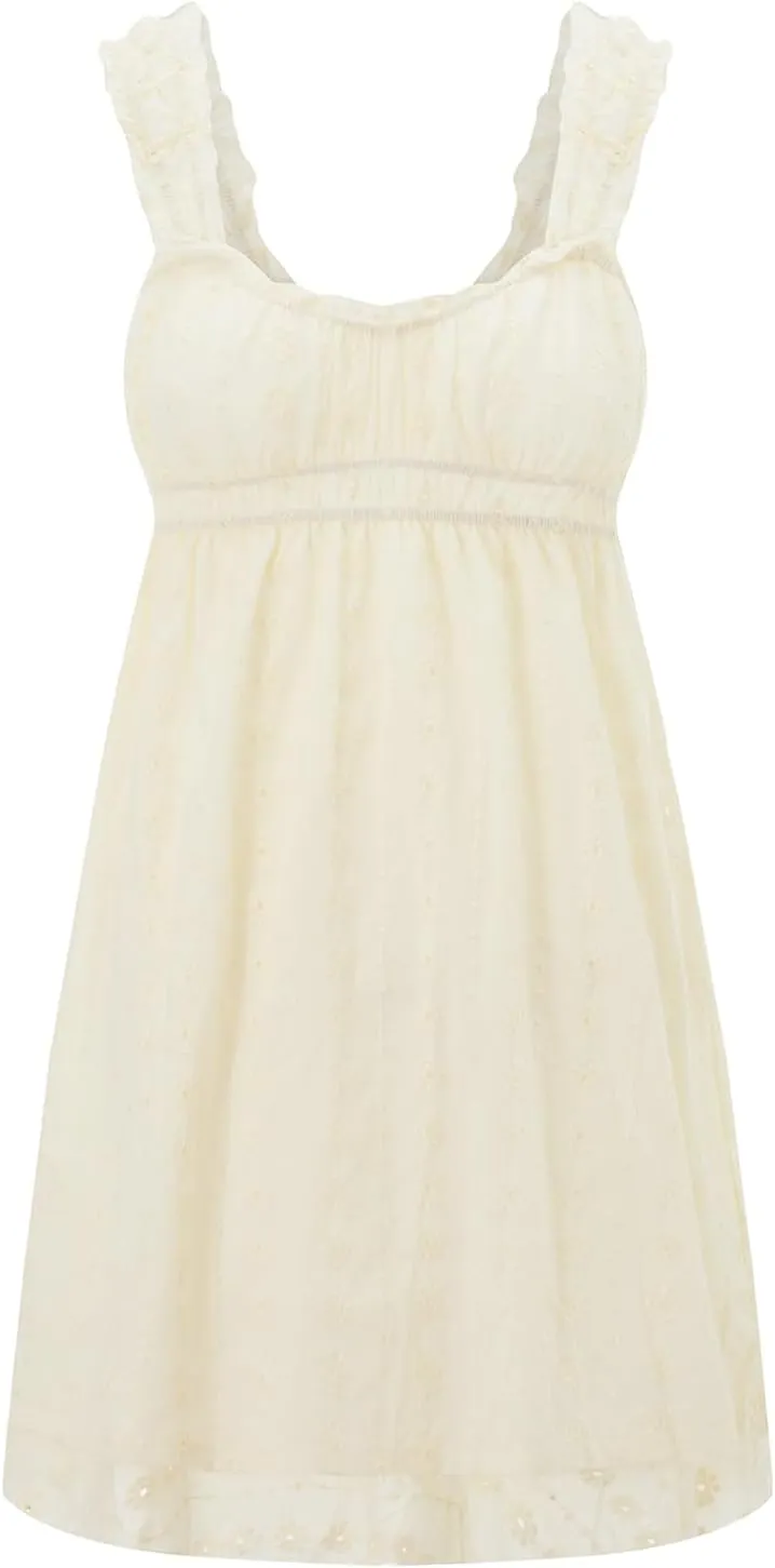Women Strap Lace Mini Dress Square Neck Floral Embroidery Ruffle A Line Swing Beach Sundress