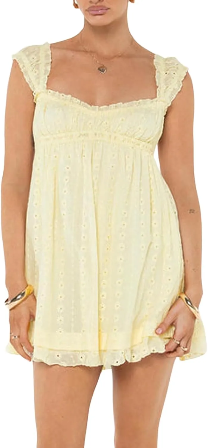 Women Strap Lace Mini Dress Square Neck Floral Embroidery Ruffle A Line Swing Beach Sundress